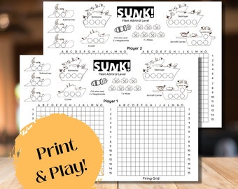 Druckbares Schiffsspiel, Brettspiel, Seeschlacht, druckbar, Klassenzimmer, Kind, Roadtrip, Homeschool-Aktivität, versunken
