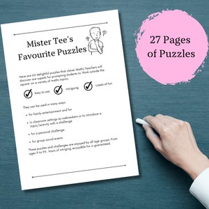 Könnte beinhalten: Eine Schwarzweißillustration einer Person, die nachdenkt, mit dem Text "Mister Tee's Favourite Puzzles" darüber. Der Text "27 Pages of Puzzles" befindet sich in einem rosa Kreis auf der rechten Seite des Bildes. Der Text unter der Illustration lautet "Here are 60 delightful puzzles that clever Maths Teachers will discover are superb for prompting students to 'think outside the square' on a variety of maths topics."