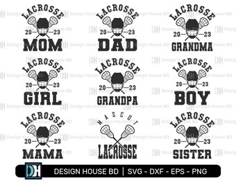Familie lacrosse SVG-bundel, lacrosse moeder, vader, oma, opa, zus, mama, lakse sport SVG, silhouet, digitaal bestand, png, eps, dxf