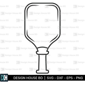 May include: A black and white line drawing of a paddle for a game of pickleball. The paddle has a rounded head and a long handle.