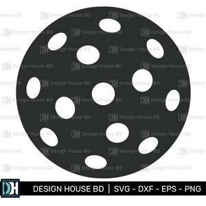 May include: Black and white illustration of a round, flat disc with multiple circular holes. The disc is similar to a game piece or a decorative object.