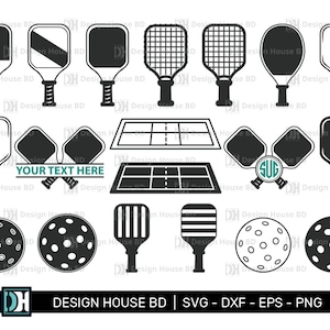 Könnte beinhalten: Ein Satz schwarzer und weißer SVG-Schnittdateien für Pickleball-Schläger und -Bälle. Das Set enthält Schläger mit verschiedenen Designs, einen Pickleball-Platz und einen Ball. Der Text "YOUR TEXT HERE" ist auf einem der Schläger enthalten.
