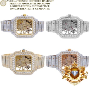 Real Genuine Certified 24.76 Cwt. VVS/D Moissanite Diamond 14K Gold Finish Luxury Automatic Skeleton Dial Men's Steel Custom Designer Watch