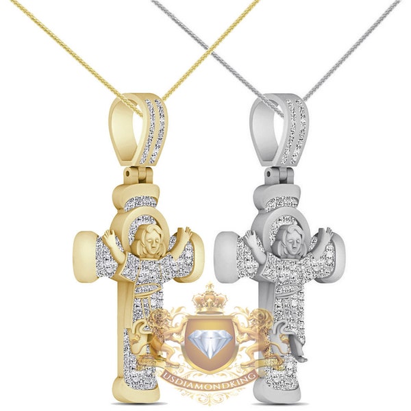 Real Genuine Authentic Diamond 0.85 Cwt. 23+ Grams Divino Santo Nino De Atocha Baby Jesus Christ Holy Cross 10K Gold Finish Charm Chain Set