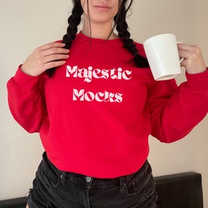 Gildan 18000 Red Sweatshirt Mockup - Gildan Mock - Cute Mockup for POD - Sand Sweatshirt Mockup - Gildan Christmas Crewneck Mockup With Mug