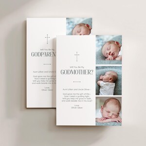 May include: Two white cards with text asking "Will You Be My Godparent?" and "Will You Be My Godmother?" with a cross symbol. The cards include a baby's photo and a message from Oliver Dean.