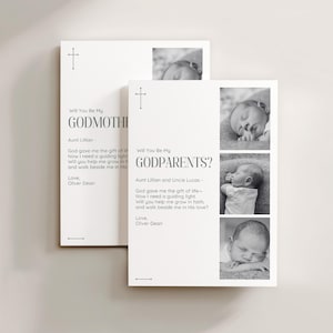 May include: Two white cards with text and photos. One card asks "Will You Be My Godmother?" and the other asks "Will You Be My Godparents?" Both cards include a baby photo and a request for guidance.