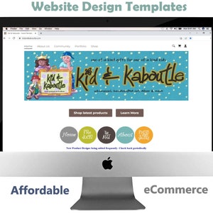 Pode incluir: Um computador iMac prateado exibe um modelo de design de site. O site apresenta o texto "kid & kaboodle" com ilustrações caprichosas. A tela também mostra botões de navegação e as palavras "Affordable" e "eCommerce".