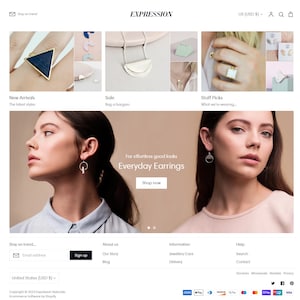 Könnte beinhalten: Eine Website-Startseite für ein Schmuckunternehmen namens Expression. Die Website bietet eine Auswahl an Ohrringen, Halsketten und Ringen. Die Startseite enthält auch einen Call-to-Action, um jetzt Alltags-Ohrringe zu kaufen.