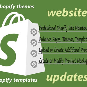May include: A white shopping bag with a green "S" logo, set against a green background. Text includes "shopify themes", "website", "updates", and service descriptions like "Professional Shopify Site Maintenance". The image promotes Shopify services.