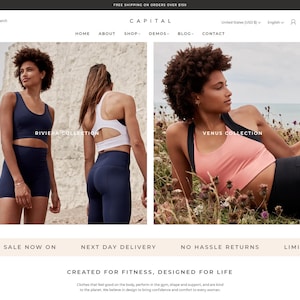 Könnte beinhalten: Zwei Frauen in Sportkleidung. Die Frau links trägt einen marineblauen Sport-BH und Shorts. Die Frau rechts trägt einen rosa Sport-BH und schwarze Shorts. Beide Frauen stehen auf einer Wiese. Der Text "RIVIERA COLLECTION" befindet sich auf dem linken Bild und "VENUS COLLECTION" auf dem rechten Bild.