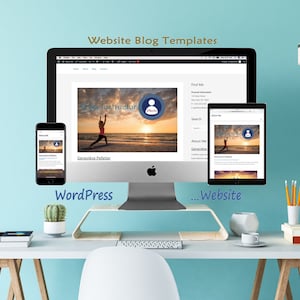 May include: A desktop workspace featuring a computer, tablet, and smartphone showcasing website blog templates. The computer screen displays a website with the text "Yoga Instructor" and an image of a woman performing yoga on a beach. The tablet and smartphone display similar content. The workspace also includes a cactus, a cup of coffee, and pencils.