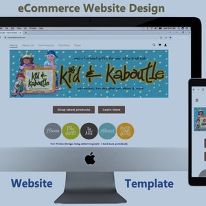 Pode incluir: Um modelo de design de site de comércio eletrônico exibido em um computador desktop, smartphone e tablet. O site apresenta o texto "kid + kabautle" e um banner com ilustrações. Botões de navegação e um selo de "Garantia de Satisfação de 100%" também são visíveis.