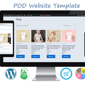 May include: A computer screen displaying a website with a shop section showing four different baby onesies with personalised text. The onesies are white with different designs and text. The website is titled "Shop" and shows "Showing 1-20 of 20 results".