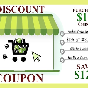 Op de afbeelding: Een groene en gele coupon met een cartoonwinkel en een winkelwagen vol dollartekens. De coupon biedt een korting van € 125 op een Shopify-website van € 830 voor een aankoopprijs van € 10. De tekst "SAVE € 125" wordt weergegeven in grote groene letters.