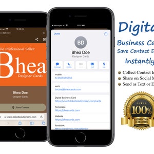 Peut inclure: Une carte de visite numérique affichée sur l'écran d'un smartphone. La carte présente le nom d'une personne, son titre, ses coordonnées et ses liens vers les médias sociaux. La carte est conçue pour être facilement partagée et enregistrée. Le texte à l'écran indique "Carte de visite numérique Enregistrer les données de contact Instantanément !"