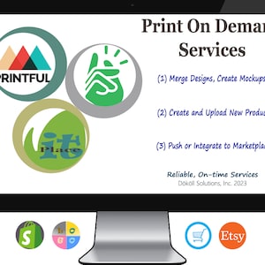 May include: A computer screen shows "Print On Demand Services" with logos for Printful and It Place. The text details services like design, product creation, and marketplace integration. Etsy and Shopify logos are also visible.