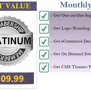 Pode incluir: Gráfico que promove uma assinatura Platinum, com um distintivo prateado com a palavra "PLATINUM" e o texto "MEMBERSHIP". A imagem inclui uma lista de benefícios mensais com marcas de verificação e as palavras "BEST VALUE" e "Monthly".