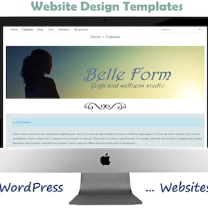 Puede incluir: Una plantilla de diseño de sitio web para un estudio de yoga y bienestar llamado "Belle Form". La plantilla presenta un fondo azul claro y amarillo con una silueta de una mujer en el fondo. El texto "Inicio » Clases" es visible en la parte superior de la página.