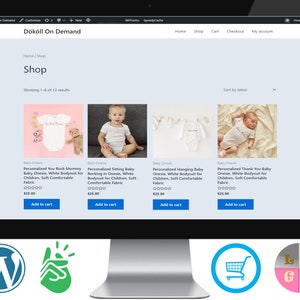 May include: Four white baby onesies with different personalised text on them. The onesies are displayed on a website with a blue background. The text on the onesies reads "You Rock Mommy", "Sitting Baby Rocking", "Hanging Baby", and "Thank You Baby".