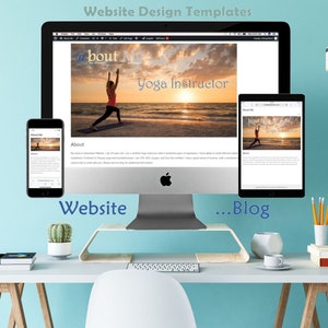 May include: Website design templates for a yoga instructor. The image shows a desktop computer, a tablet, and a smartphone, all displaying a website with the text "About Me" and "Yoga Instructor". The website features a photo of a woman doing yoga on a beach at sunset.