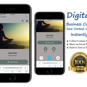 May include: A digital business card on a smartphone screen. The card features a photo of a woman meditating, the text "Jane Doe, Yoga Instructor", and a button that says "Save Contact". The card also includes a website address and social media icons.