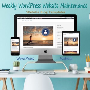 Puede incluir: Un espacio de trabajo de escritorio con una computadora portátil, una tableta y un teléfono inteligente que muestra un sitio web con el texto "Yoga Instructor" y "Generous Pelletar". El sitio web está diseñado utilizando plantillas de WordPress. El espacio de trabajo también incluye una taza de café, lápices y plantas.