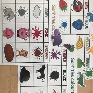 Colour Sorting/matching worksheets, busy book sheet, learning colours, fine motor skills