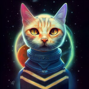 Puede incluir: Una ilustración digital de un gato con un traje de astronauta azul sobre un fondo espacial amarillo y naranja. El gato tiene pelaje naranja y blanco y ojos verdes.
