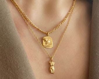 18K Gold Female Body Necklace, Female Face Necklace, Waterproof Anti Tarnish Jewelry, Body Figure Necklace, Double Necklace, Stainless Steel