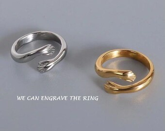 18K Gold Hand Hug Ring, Minimalist Ring, Personalized Adjustable Small Hand Hug Ring, Stackable Custom Ring, Waterproof Ring, Love Ring Gift