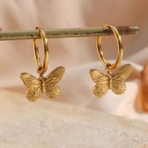 18K Gold Butterfly Earrings, Dainty Butterfly Earrings, Hoop Butterfly Huggies Earrings, Drop Butterfly Earrings, Waterproof Jewelry, Gift