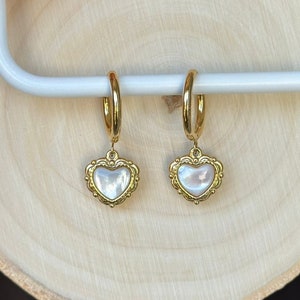 18K Gold Filled Vintage Heart Earrings, Mother of Pearl Heart Earrings, Hoop Earrings, Dangle Drop Heart Earrings, Waterproof Earrings, Gift