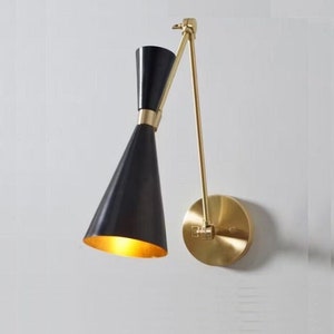 Mid Century Wall Sconce LELO 3 Wall Light Lamp Handmade Brass Stilnovo Modern Reading Lamp , Shinny Black  Sconce in Brushed Brass Finish