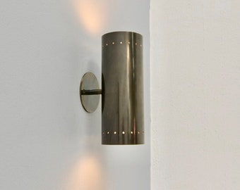 Wall Sconce Dual Lights Cylinder Shape Lamp Full Antique Patina Brass Italian Mid Century Lamp STILNOVO Style , Handmade