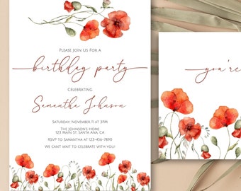 Poppy Geburtstags-Party Einladung | DIY Digital bearbeiten Druck Instant Download I Boho Natur Garten Floral Wilde Blume Frühling rote Mohnblumen einladen