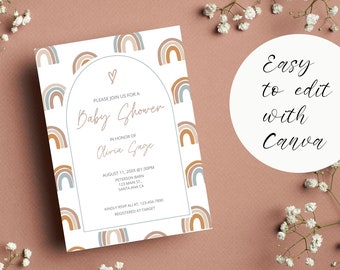 Baby Shower Digital Printable Invitation | Instant Download I Modern Boho Rainbow Design I Gender Neutral I Earth Tone I Shower Invite