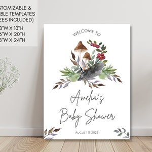 Forest Mushroom Baby Shower Welcome Sign Decor / Descarga instantánea Plantilla editable / Nature Woodland Woods Boho / 3 Tamaños 8x10 16x20 18x20