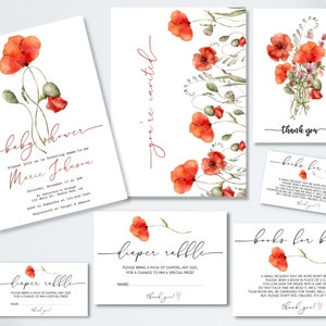 Watercolor Red Poppy Baby Shower Invitation Bundle Instant Download Digital Template Minimalist Modern Boho Wildflower Nature Invite image 1