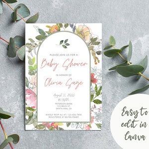 Baby Shower Digital Printable Invitation Instant Download I Watercolor Floral Design I Wildflower Watercolor I Front Back I Shower Invite image 2