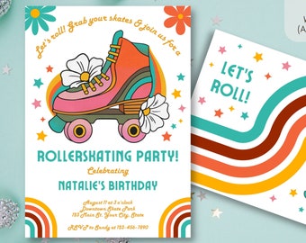 Retro Rollerskating Geburtstagsparty Einladung | DIY Digital Bearbeiten Print Sofort Download I Boho 60er 70er Groovy Rollschuh Disco Invite