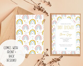 Baby Shower Digital Printable Invitation | Instant Download I Modern Colorful Boho Rainbow Design I Front Back I Blue Yellow I Shower Invite