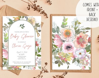 Baby-Dusche Digital druckbare Einladung | Sofort Download I Aquarell Blumenmuster I Wildblumen Aquarell I Vorderseite Rückseite I Shower Invite