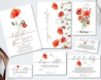 Watercolor Red Poppy Baby Shower Invitation Bundle | Instant Download Digital Template | Minimalist Modern Boho Wildflower Nature Invite