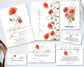 Aquarell Rote Mohn Babyparty Einladung Bundle | Sofortiger Download Digitale Vorlage | Minimalist Modern Boho Wildflower Nature Invite