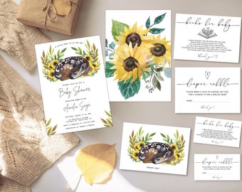 Sunflower Forest Fawn Baby Shower Invitation Bundle | DIY Digital Edit Print Instant Download | Nature Forest Floral Boho Baby Deer Invite