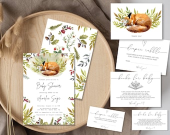 Forest Fox Baby Shower Invitation Bundle | DIY Digital Edit Print Instant Download | Nature Woodland Floral Wildflower Daisy Boho Invite