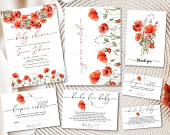 Beautiful Red Poppy Baby Shower Invitation Bundle | Instant Download Digital Template | Minimalist Watercolor Boho Wildflower Nature Invite