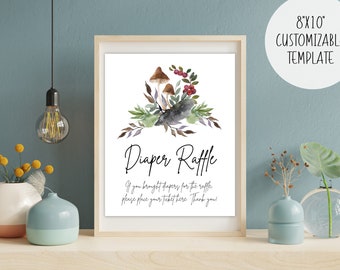 Forest Mushroom Diaper Raffle Sign | Instant Download Edit Print Template | Baby Shower Event Signage | Nature Boho Woods Woodland Decor