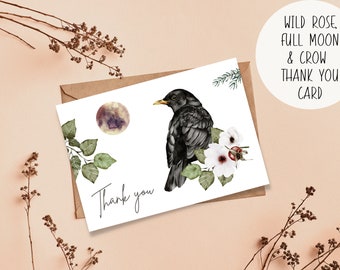 Wild Rose, Crow + Full Moon Thank You Card | Instant Download Digital Printable Template I Foldable Note Card I Adult Witchy Goth Raven Boho